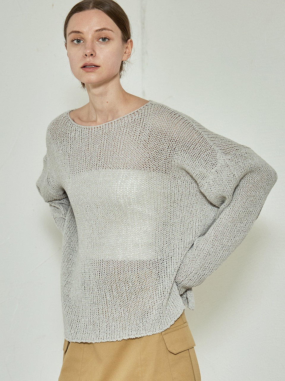 comos 828 netted slit knit top (light gray)