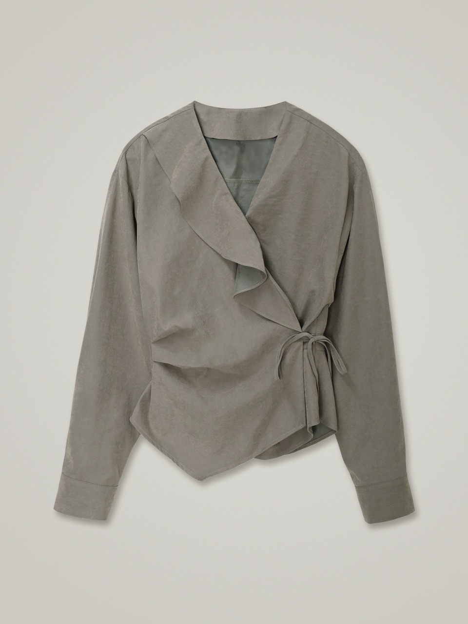 comos 992 unbalanced ruffle blouse (khaki gray)